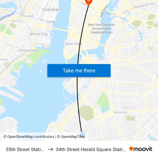 55th Street Station to 34th Street Herald Square Station map