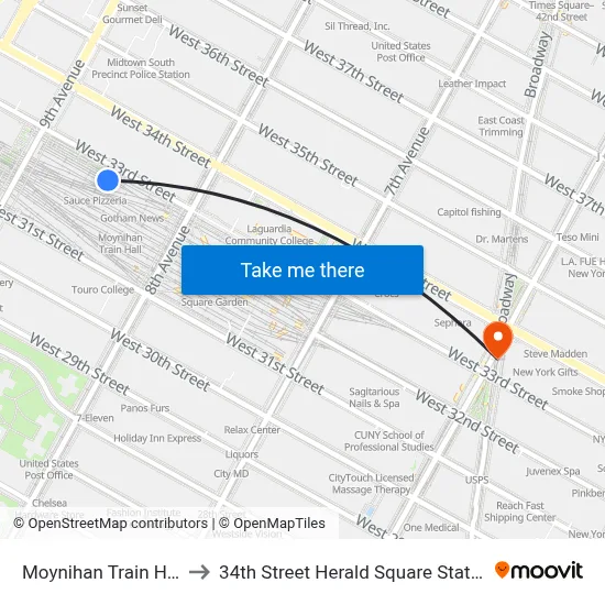 Moynihan Train Hall to 34th Street Herald Square Station map