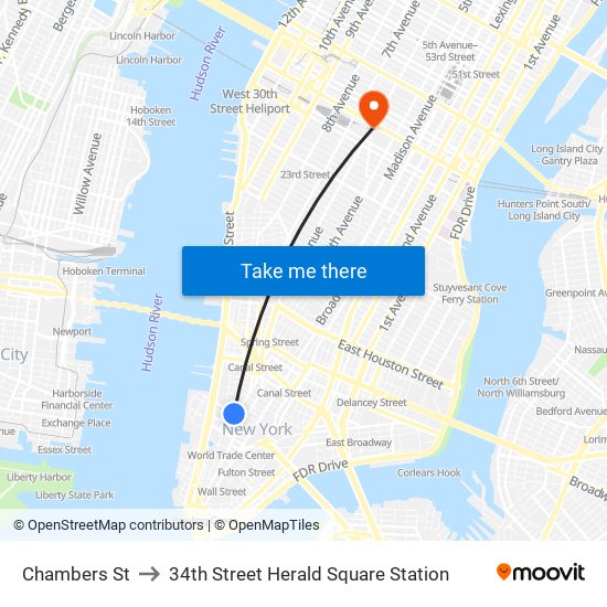 Chambers St to 34th Street Herald Square Station map