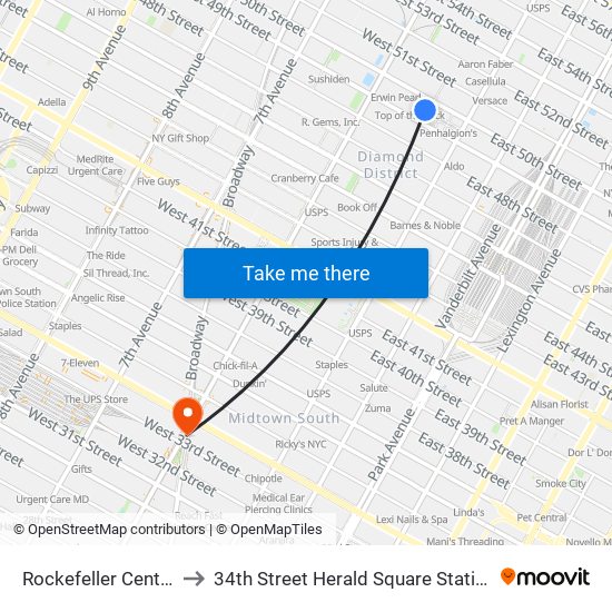 Rockefeller Center to 34th Street Herald Square Station map