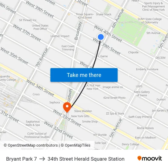 Bryant Park 7 to 34th Street Herald Square Station map