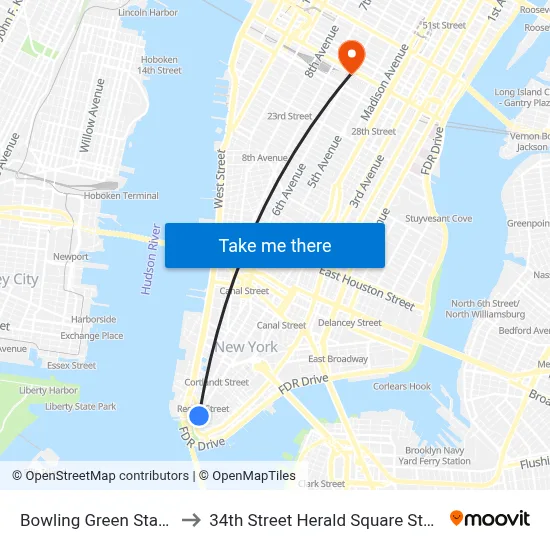 Bowling Green Station to 34th Street Herald Square Station map