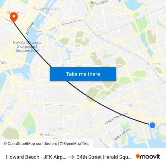 Howard Beach - JFK Airport Station to 34th Street Herald Square Station map