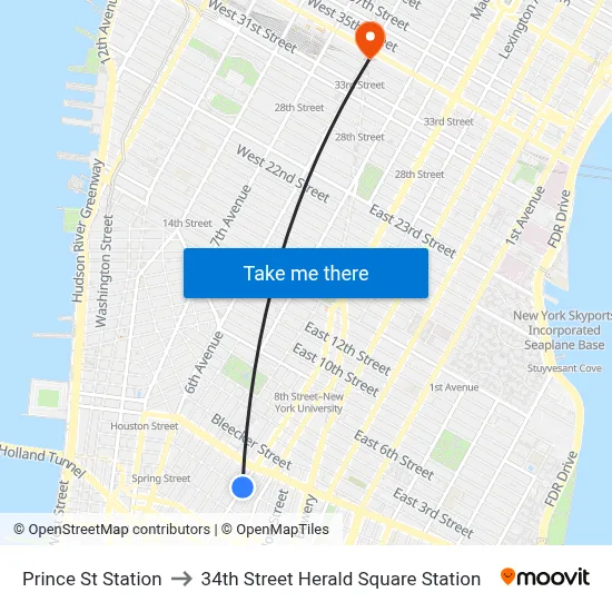 Prince St Station to 34th Street Herald Square Station map
