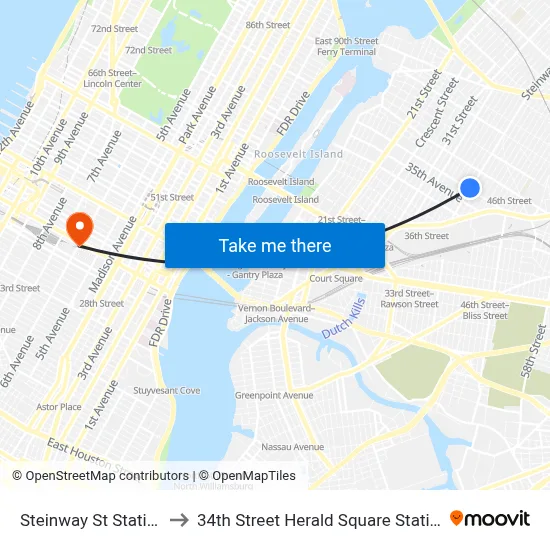 Steinway St Station to 34th Street Herald Square Station map