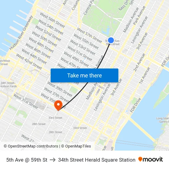 5th Ave @ 59th St to 34th Street Herald Square Station map
