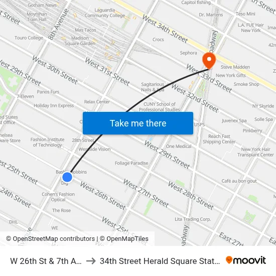 W 26th St & 7th Ave to 34th Street Herald Square Station map