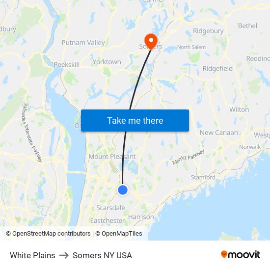 White Plains to Somers NY USA map