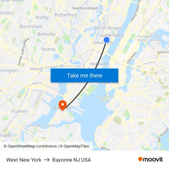 West New York to Bayonne NJ USA map