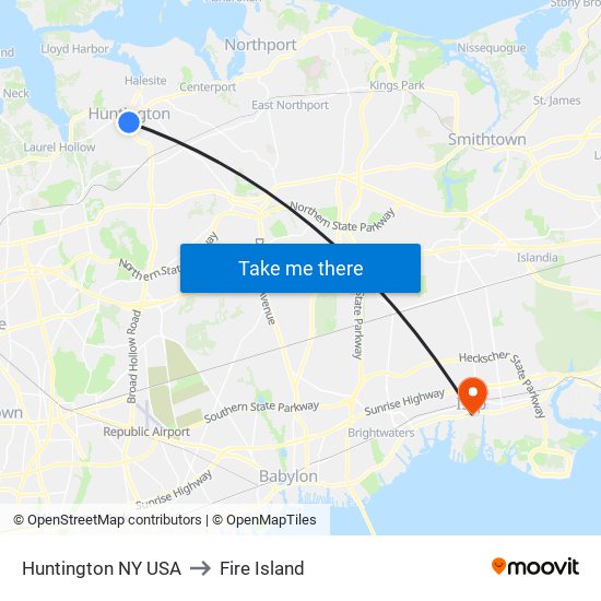 Huntington NY USA to Fire Island map