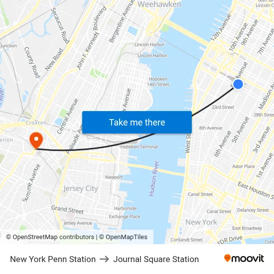 New York Penn Station to Journal Square Station map