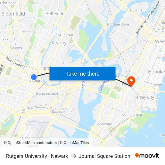 Rutgers University - Newark to Journal Square Station map