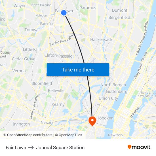 Fair Lawn to Journal Square Station map