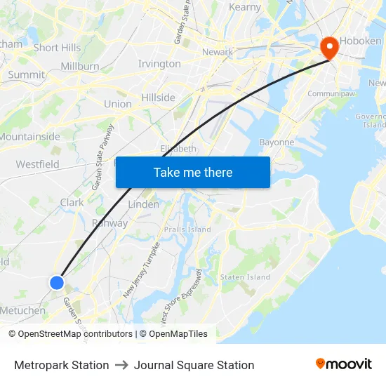 Metropark Station to Journal Square Station map