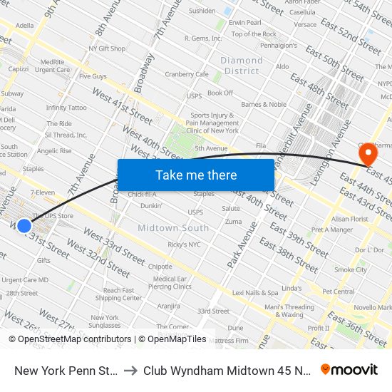 New York Penn Station to Club Wyndham Midtown 45 New York map