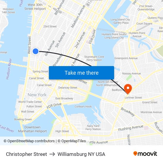 Christopher Street to Williamsburg NY USA map