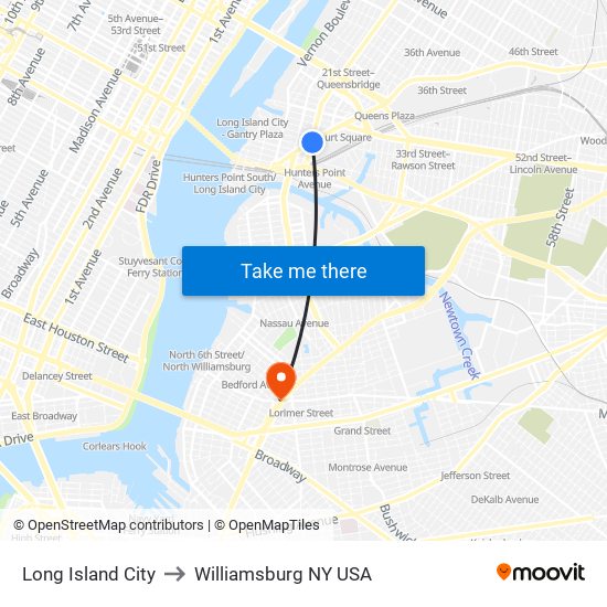 Long Island City to Williamsburg NY USA map