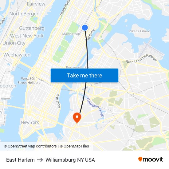 East Harlem to Williamsburg NY USA map