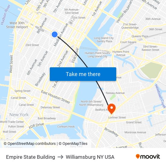 Empire State Building to Williamsburg NY USA map