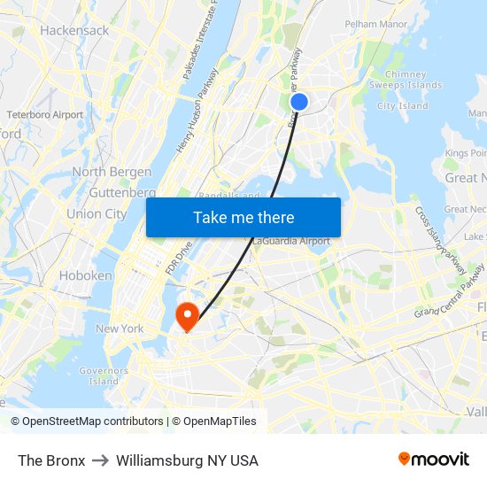 The Bronx to Williamsburg NY USA map