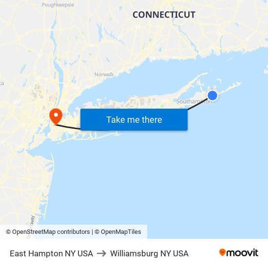 East Hampton NY USA to Williamsburg NY USA map