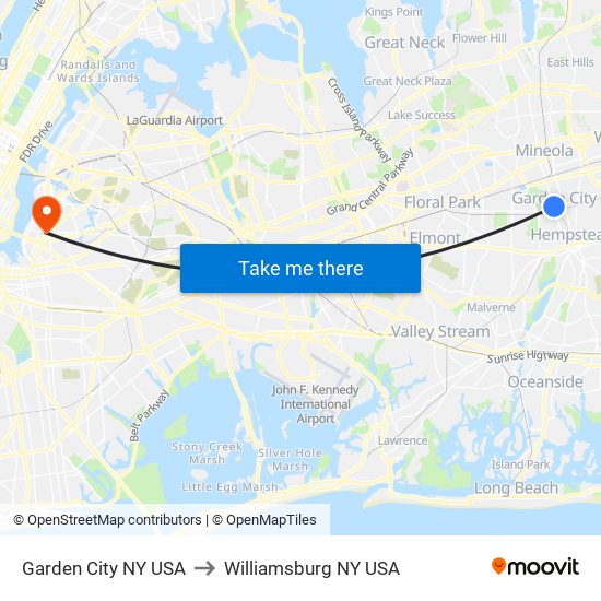 Garden City NY USA to Williamsburg NY USA map