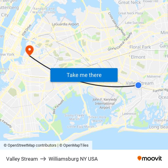 Valley Stream to Williamsburg NY USA map