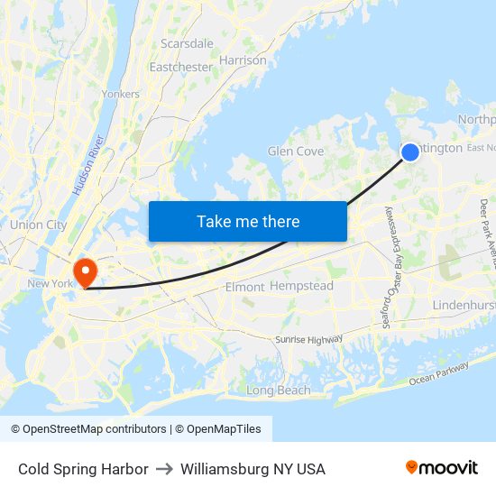 Cold Spring Harbor to Williamsburg NY USA map