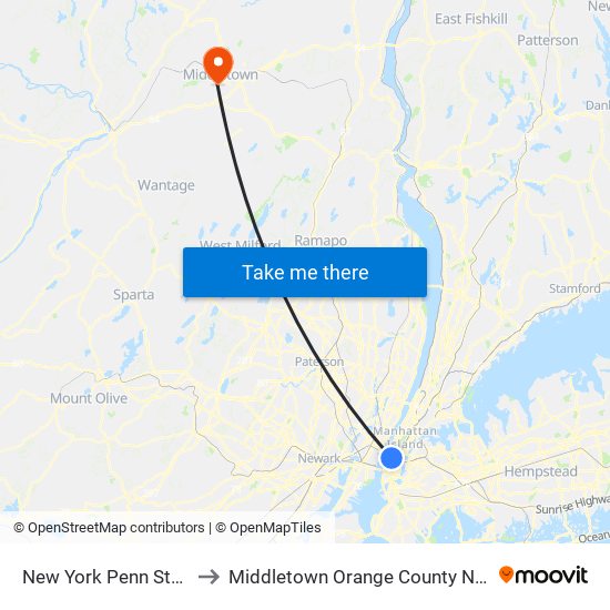 New York Penn Station to Middletown Orange County NY USA map