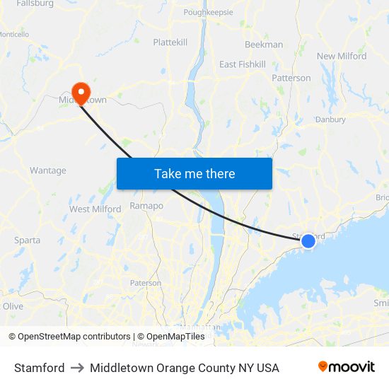 Stamford to Middletown Orange County NY USA map