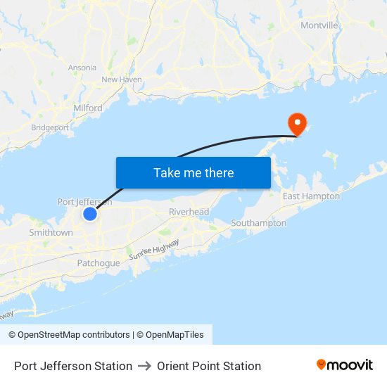 Port Jefferson Station to Orient Point Station map