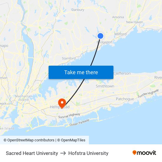 Sacred Heart University to Hofstra University map