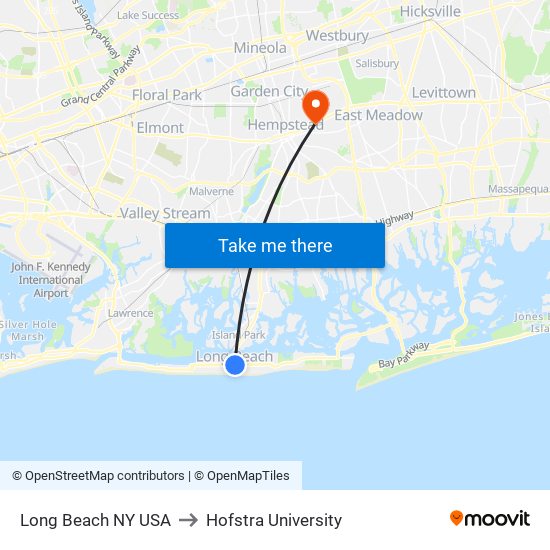 Long Beach NY USA to Hofstra University map