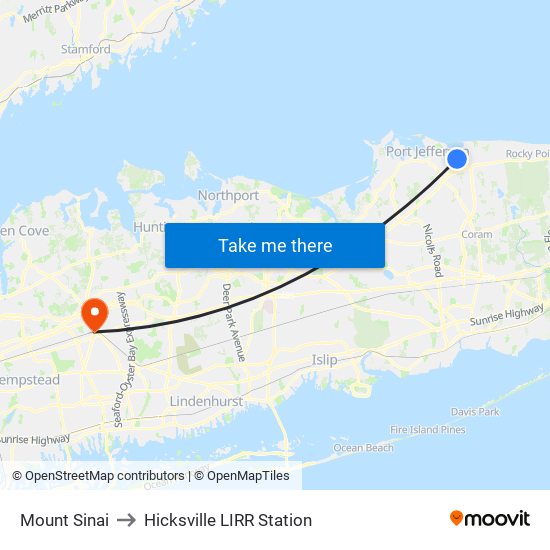 Mount Sinai to Hicksville LIRR Station map