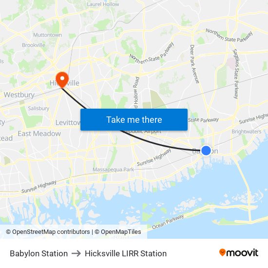 Babylon Station to Hicksville LIRR Station map