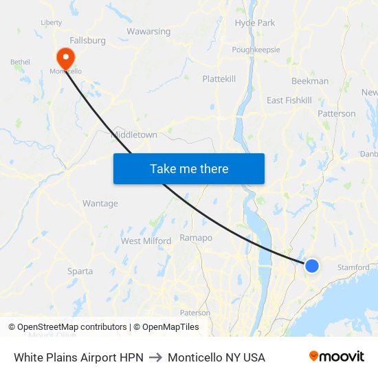 White Plains Airport HPN to Monticello NY USA map