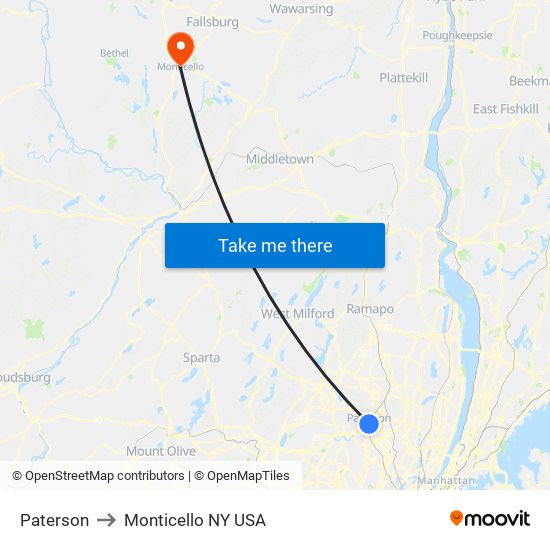 Paterson to Monticello NY USA map