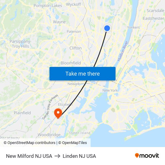 New Milford NJ USA to Linden NJ USA map