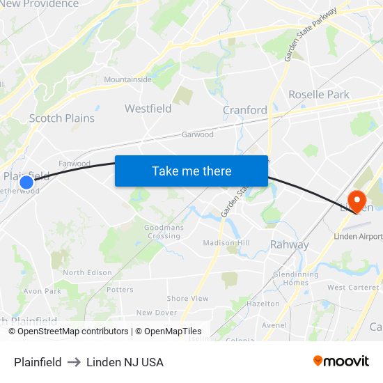 Plainfield to Linden NJ USA map