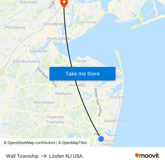 Wall Township to Linden NJ USA map