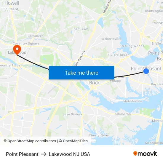 Point Pleasant to Lakewood NJ USA map