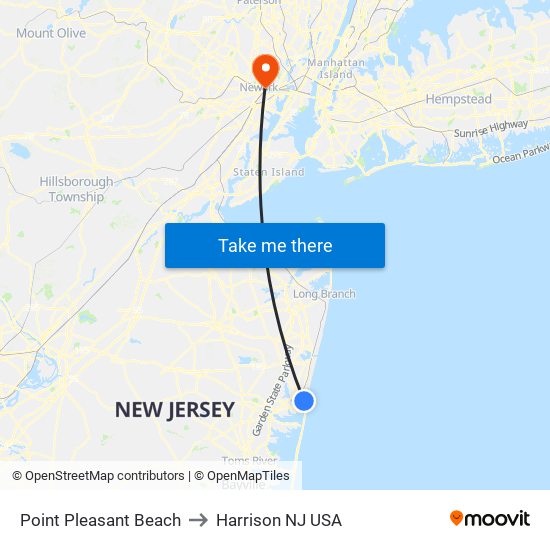 Point Pleasant Beach to Harrison NJ USA map