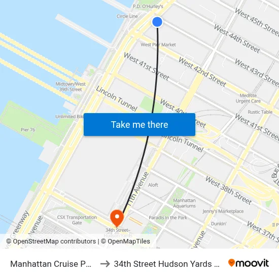 Manhattan Cruise Parking to 34th Street Hudson Yards Station map