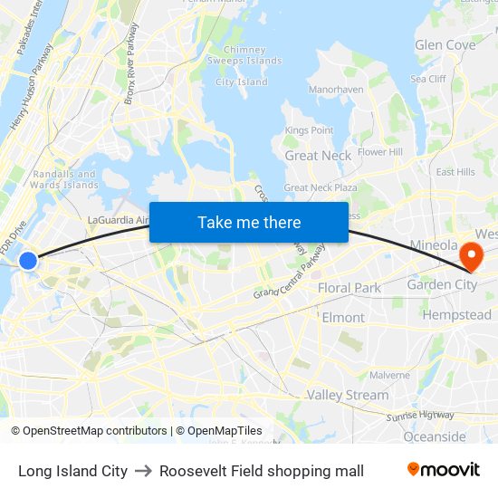 Long Island City to Roosevelt Field shopping mall map