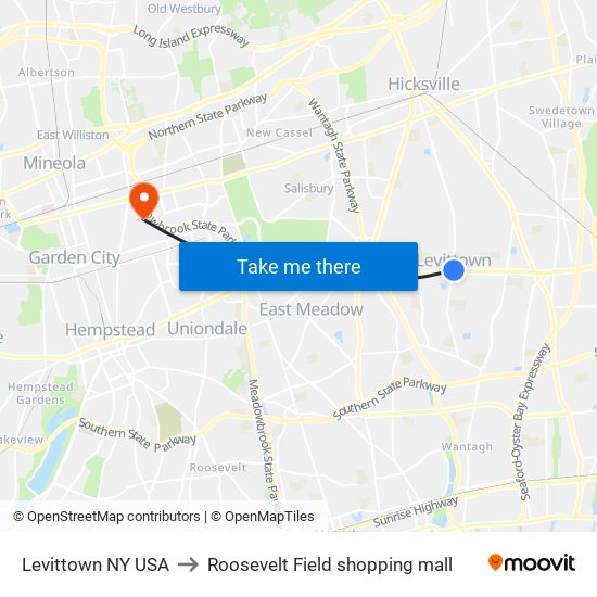 Levittown NY USA to Roosevelt Field shopping mall map