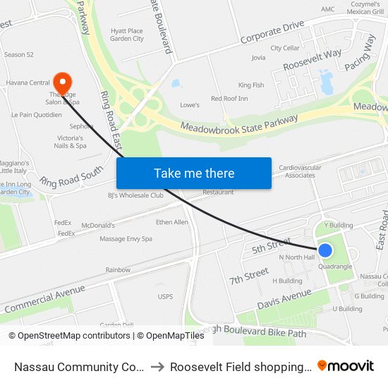 Nassau Community College to Roosevelt Field shopping mall map