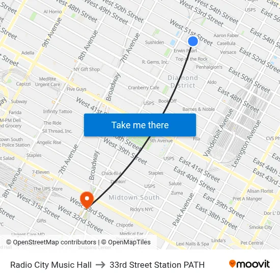 Radio City Music Hall to 33rd Street Station PATH with public ...
