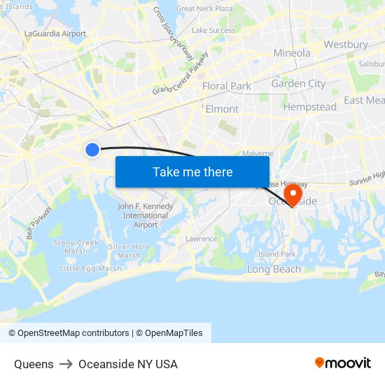 Queens to Oceanside NY USA map