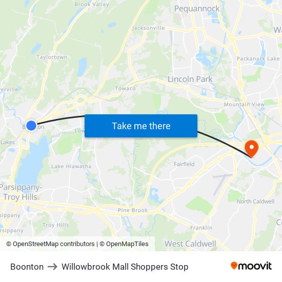 Boonton to Willowbrook Mall Shoppers Stop map