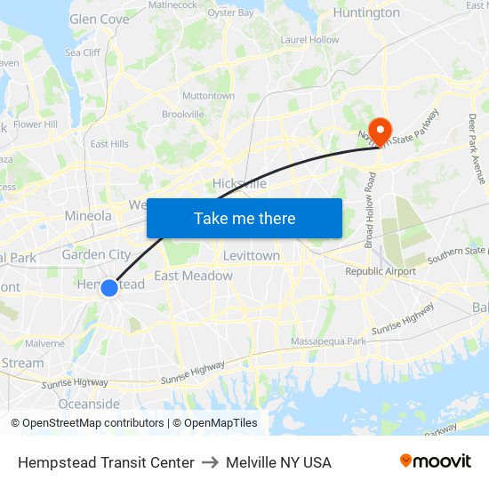 Hempstead Transit Center to Melville NY USA map